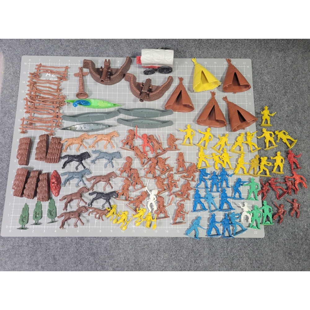 LOT Vintage Western Cowboy Indian Playset Figures Horses Teepees Canoes Fort 70s